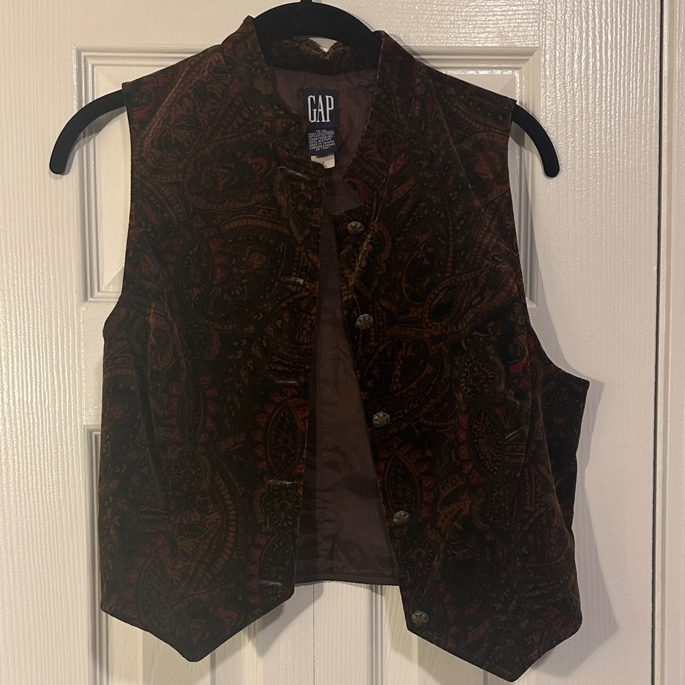GAP Paisley Velvet Button Vest in Brown and Burgundy